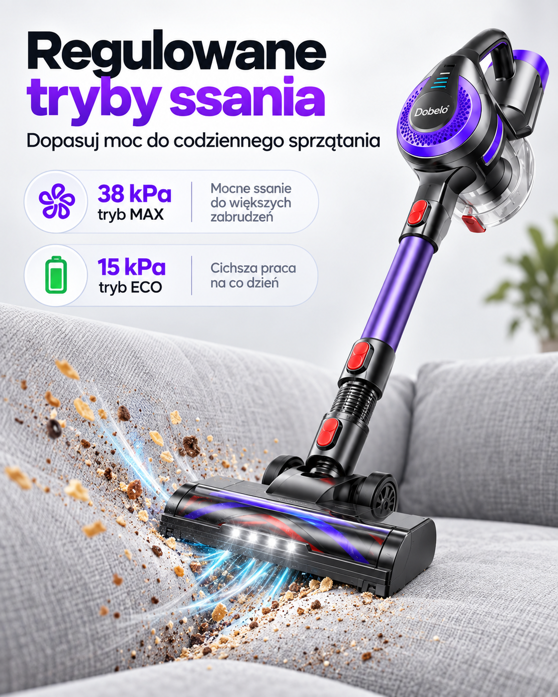 AirVelo V10 — tryby ssania MAX 38 kPa i ECO 15 kPa