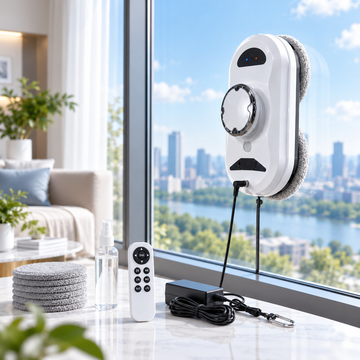 LumiGlass X7 — robot do mycia okien w nowoczesnym wnętrzu