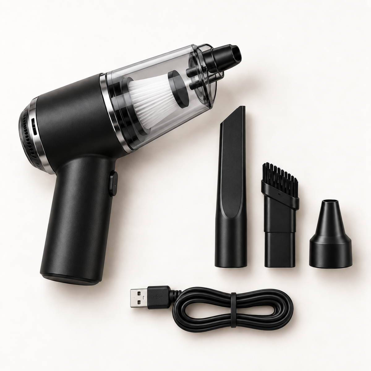 SwiftVac 9K — odkurzacz, trzy końcówki i przewód USB, wizualizacja AI
